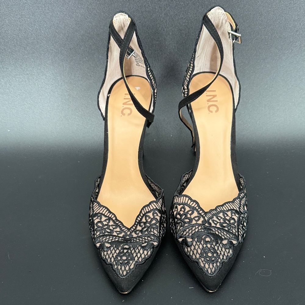 INC International Concepts Black Lace Pointed-Toe Ankle-Strap Heels